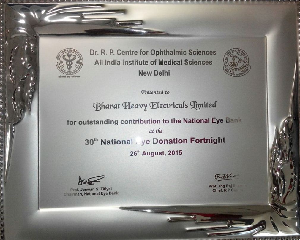 Image of BHEL received recognition from Dr. R.P. Centre for Ophthalmic Sciences, AIIMS, New Delhi for contributing in their National Eye Donation Fortnight